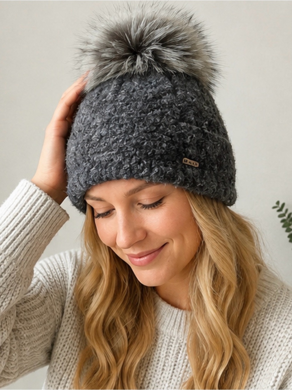 Zachti Gray Fuzzy Knit Pom Pom Beanie Hat Made in Poland